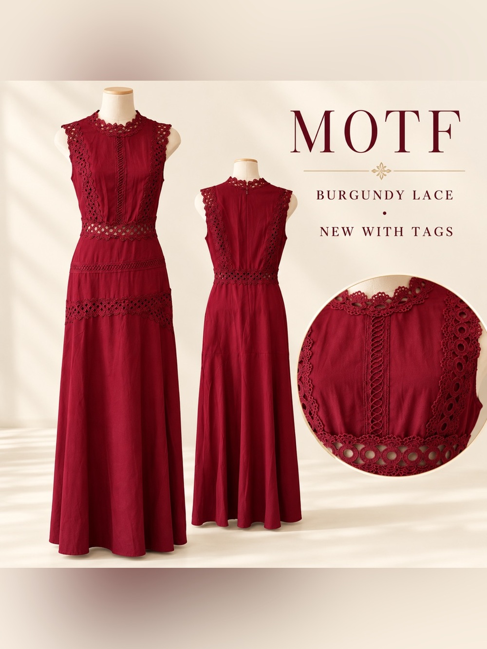 NWT MOTF Burgundy Lace Trim Maxi Dress | High Neck